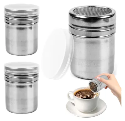 Produktbild von Puderzuckerstreuer 2 Stück aus Edelstahl, Kakaostreuer für Cappuccino, Puderzuckermühle, Pulverstreuer für Kakao, Kaffee, Schokolade, Zucker und Salz