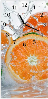 Produktbild von Wanduhr aus Glas mit Motiv Spritzige Orangen- 30 x 60 cm - inkl. Aufhängesystem