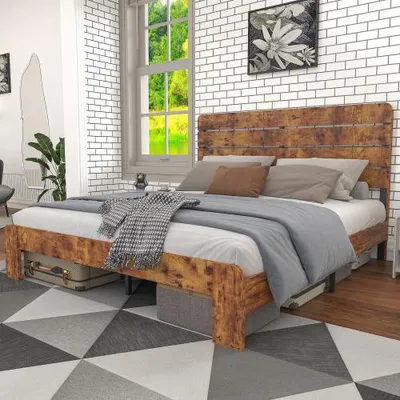 Produktbild von 180×200cm Antikes Holzbettgestell mit Eisenrahmen und Lattenrost, Doppelbett mit hohem Kopfteil, stabil & langlebig