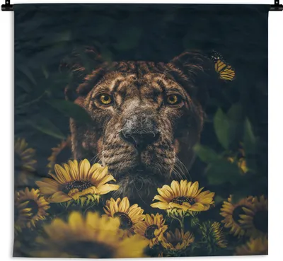 Produktbild von MuchoWow® Wandteppich Wandbehang Löwe - Blumen - Tiere - Botanisch 150x150 cm Tapisserie Dekoration Wandtuch - Wohnaccessoires - Modernes
