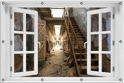 Produktbild von Wallario Outdoor-Poster für Garten oder Balkon 100 x 150 cm: Leuchtender Gang in altem verlassenen Gefängnis
