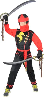 A child wearing a ninja costume with two swords.