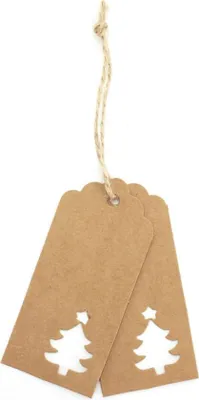 Two brown gift tags with a cutout Christmas tree design, tied together with twine.