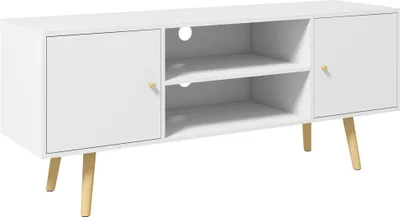 Image de HOMCOM Meuble TV Banc TV Style scandinave 2 Portes 2 niches Pieds en Bois pin Panneaux Blanc - 120 x 34 x 50 cm
