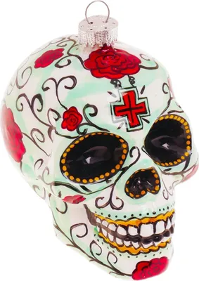 Produktbild von Krebs Glas Lauscha Weihnachtsbaumschmuck - Totenkopf mit Rosen - aus Glas - ca. 10cm
