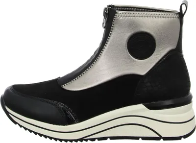 Side view of a black and silver women's bootie.