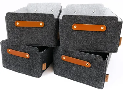 Produktbild von 4er-Set Filz Aufbewahrungsboxen in Dunkel- und Hellgrau 31x25x15 cm formstabil robust mit Leder-Dekor