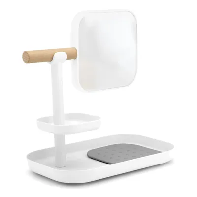 A white organizer with a wooden handle and a square mirror on a white background.