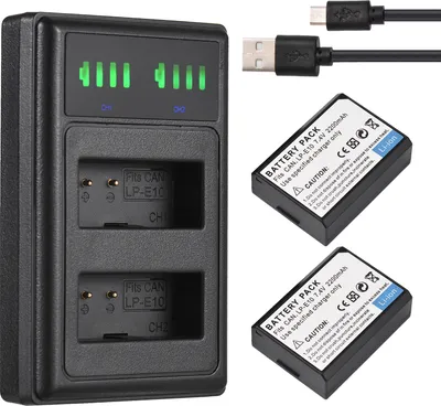 Produktbild von LP-E10 Akkuladegeraet 2-fach mit LED-Anzeigen + 2 Stueck LP-E10 Akkus 7,4 V 2200 mAh mit USB-Ladekabel Ersatz fuer Canon 1100D 1200D 1300D Rebel T3 T5 KISS X50 X70