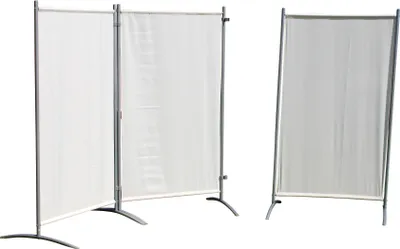 Two white fabric screens are set up on metal stands against a white background.