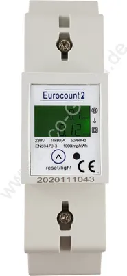 A close-up, front-facing view of a digital electricity meter mounted on a DIN rail.