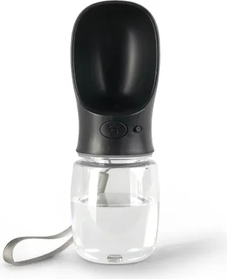 A black and clear portable dog water dispenser bottle with a grey strap, shown against a white background.