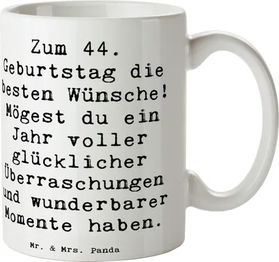 Produktbild von Mr. & Mrs. Panda Teetasse Spruch 44. Geburtstag Glückwünsche - Weiß - Geschenk, kreativ, besonderen Tag, Happy Birthday, Feier, Kaffeetasse, Geburtstagsgeschenk, Pott