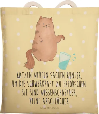 Produktbild von Mr. & Mrs. Panda Tote Bag Katze Wasserglas - Gelb Pastell - Geschenk, Beuteltasche, Neugierig, shopping, Tasche, Katzen, Tragetasche, Haustier, Cat, Stofftragetasche