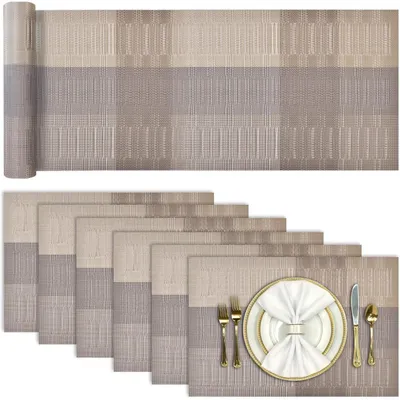Productafbeelding van Tafelrunners en placemats, set van 7, afwasbaar, PVC, antislip, hittebestendig, 30x45 cm / 183x30 cm, bamboe-goud