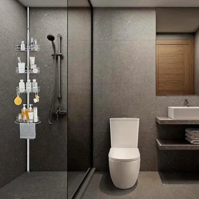 Imagen del producto de Estante de ducha telescópico Unyqoos® con 4 niveles, altura ajustable de 73 a 265 cm, sin necesidad de taladrar, metal resistente a la corrosión, estantes triangulares, 2 ganchos y barra para toallas, color gris