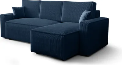 A blue sectional sofa with a chaise lounge is shown against a white background.
