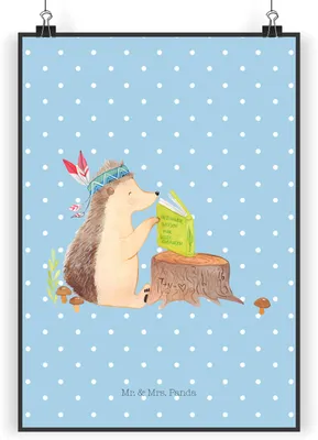 Produktbild von Mr. & Mrs. Panda Bild Igel Federschmuck DIN A5 - Blau Pastell - Geschenk, wanddeko, Lagerfeuer, Wandbild, wanddruck, Abenteuer, Camping, Indianer, Tiere, drucke
