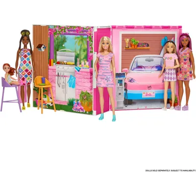 Produktbild von Barbie -Ferien-Puppenhaus mit -Puppe, 4 Spielbereichen und 11 Deko-Zubehörteilen, 3 Jahr(e)