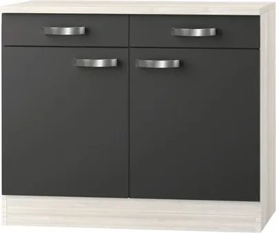 A studio shot of a cabinet with two drawers and two doors.