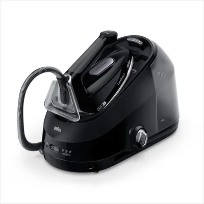 A black Braun CareStyle 5 steam iron and its base station are shown against a white background.