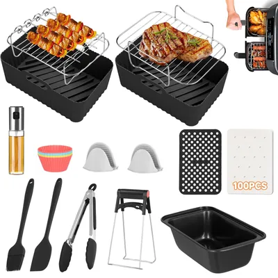 Produktbild von Airfryer Zubehör Set - Für Doppelzonen Heißluftfritteuse - 6–8 teilig - Grillrost, Pizzablech, Kuchenform - Aluminiumlegierung