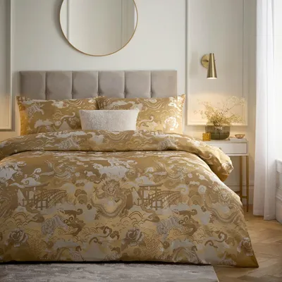 Immagine prodotto di Paoletti - Set biancheria da letto "Baransu", jacquard, reversibile RV3626 (letto matrimoniale) (oro)