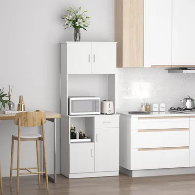 Produktbild von Küchenbuffet Moderner Küchenschrank Weiß Holzwerkstoff 71x41x178 cm Buffetschrank mit Mikrowellen-Ablage, 4 Türen, 1 Schublade, Vorratsschrank Anrichte