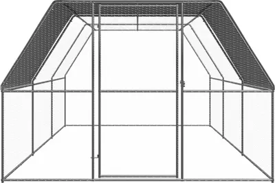 A front view of an outdoor chicken coop with a peaked roof and a central door.