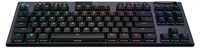 A top-down view of a black gaming keyboard with RGB lighting.