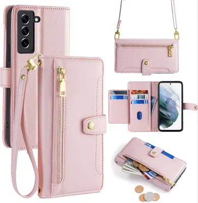 Produktbild von Handykette Samsung Hülle mit Band Handyhülle Kartenfächer Kunstleder Umhängetasche Galaxy S21 FE Rosa