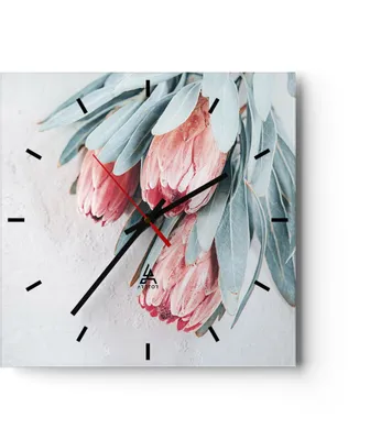 Produktbild von Wanduhr - Quadrat - Glasuhr - Blume Eukalyptus Australier - 30x30cm - Schleichendes Uhrwerk - Lautlos - zum Aufhängen bereit - Dekoration Modern - Wanddekoration aus Glas - C3AC30x30-5016