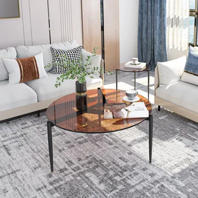 Produktbild von WISFOR Couchtisch mit Eisengestell Ø80 rund Glastisch, Sofatisch aus robustes Hartglas, Wohnzimmertisch dekorativ, Sinn für Design, Braun