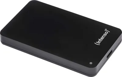 A black external hard drive is shown from a slightly elevated angle against a white background.