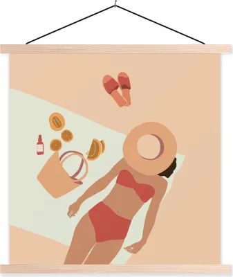 Produktbild von MuchoWow® Textilposter Frauen - Pantoffeln - Hut - Sommer 40x40 cm mit holzfarbenen Rahmen - Posterleiste