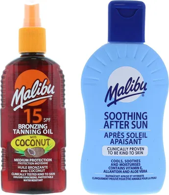 Image de Huile bronzante à la noix de coco Malibu SPF15 200 ml + Baume après-soleil 200 ml