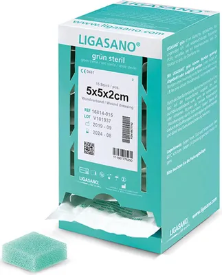 Productafbeelding van Ligasano steriele verbandgaas, groen, 2x5x5 cm, verpakking met 15 stuks