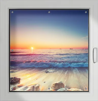Produktbild von Wallario Lichtschutzbild, Dekorativer Sichtschutz Sonnenschutz 96 x 93 cm mit Motiv: Sonnenuntergang am Meer mit Wellen am Strand - Verdunklung ohne Bohren