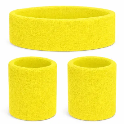 Obrázek produktu pro 3 v 1 potní pásek neonově žlutý Set s čelenkou – doplněk k kostýmu mullet k retro neonovému outfitu z 80. a 90. let – maškarní ples a karneval