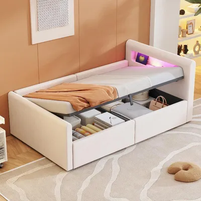 Produktbild von Polsterbett Kinderbett 90x200cm in Beige mit LED-Licht, Nachtlicht, USB-Ladeanschluss, hydraulischem Stauraum und seitlicher Rückenlehne
