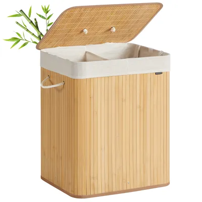 A bamboo laundry basket with a lid and two compartments, shown against a white background.