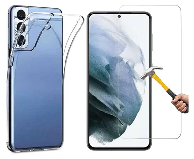 A clear protective phone case and a screen protector are shown next to a smartphone. A hammer is shown hitting the screen protector to demonstrate its durability.