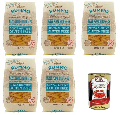 Produktbild von Rummo Pasta Mezze Penne Rigate N° 28 senza Glutine, gluten free, 100% italienische Pasta nudeln glutenfrei 5x 400g + Italian Gourmet polpa 400g