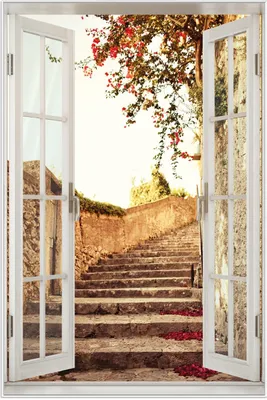 Produktbild von Wallario Wandbild mit Fenster-Illusion: Steinerne Treppe in Italien, Größe: 61 x 91,5 cm, Poster mit weißem Aluminiumrahmen