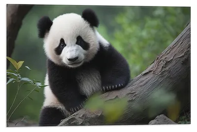Productafbeelding van Vlag - Aankijkende Panda op Boomstam in het Bos - 60x40 cm Foto op Polyester Vlag