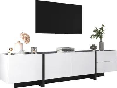 Zdjęcie produktu dla Szafka pod telewizor Fortuna Lai 190 x 45 x 35 cm, niski panel, nogi, drzwi i szuflady w białych i czarnych blokach kolorystycznych