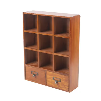 A wooden shelving unit with multiple compartments and two drawers.