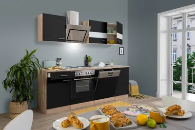 Produktbild von Küche Küchenzeile Küchenblock Einbauküche Eiche Schwarz Merle 220 cm Respekta