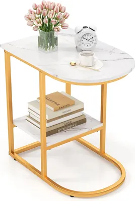 Immagine prodotto di Tavolino & tavolino da salotto - Forma a C - 2 ripiani - Decorazione marmo - Struttura in metallo - Bianco