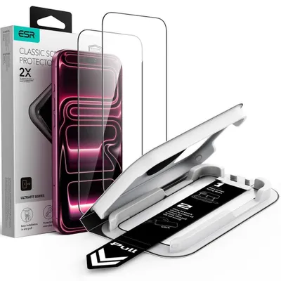 Zdjęcie produktu dla Hartowane szkło z ramką montażową do iPhone 18 Pro / 17 Pro, folia ochronna ESR UltraFit Classic, 2 sztuki
